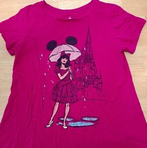 Disney Parks Pink Glitter Tee Women's Size L Girl with Umbrella